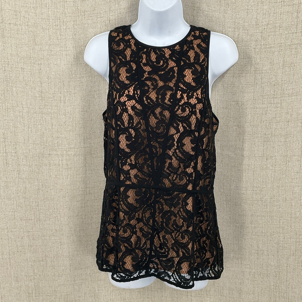 Michael Michael Kors‎ Lace Top Womens 6 Black Tan Floral Peplum Coctail Glam
